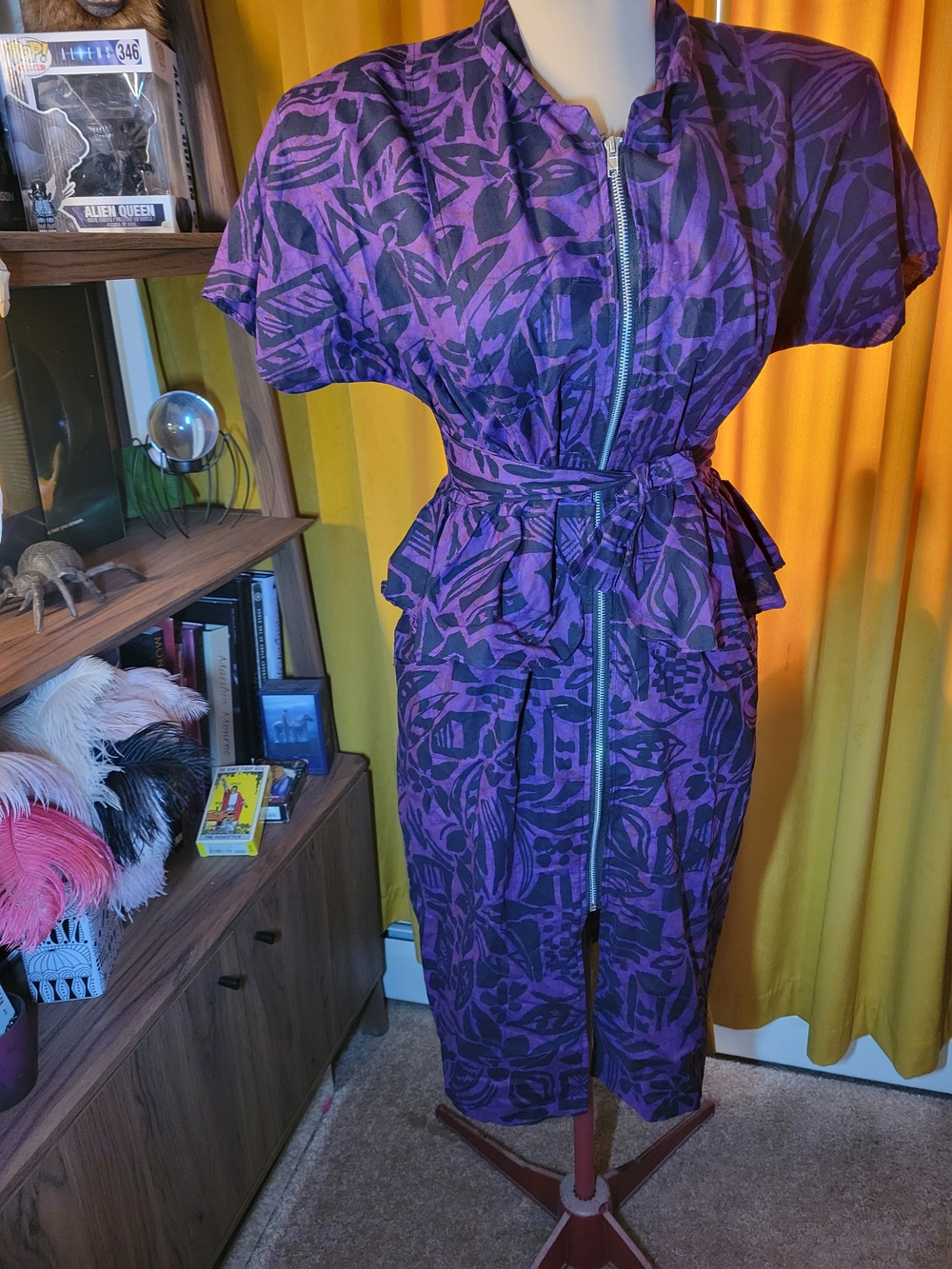 Purple Printed Zip-Front Peplum Dress